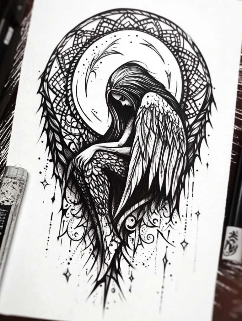 angel tattoo design ideas bright color celestial protector for upper arm
