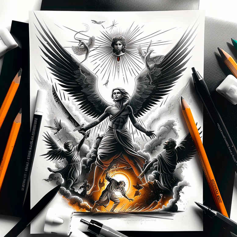 Winged angel with large black wings, circular halo, and orange flames; a black-and-grey tattoo project example for cover-up.