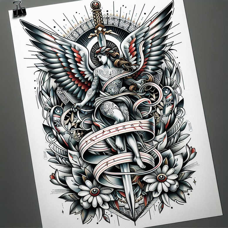 angel tattoo design ideas Realism precise gradient divine for neck