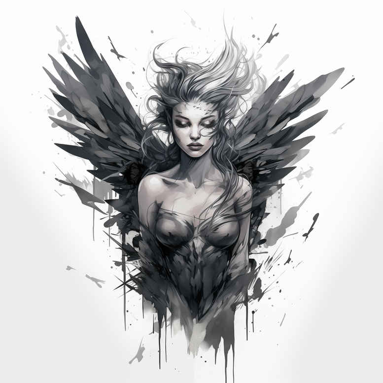 Black and grey winged female figure with ink splashes; tattoo project/idea, cover-up ready.