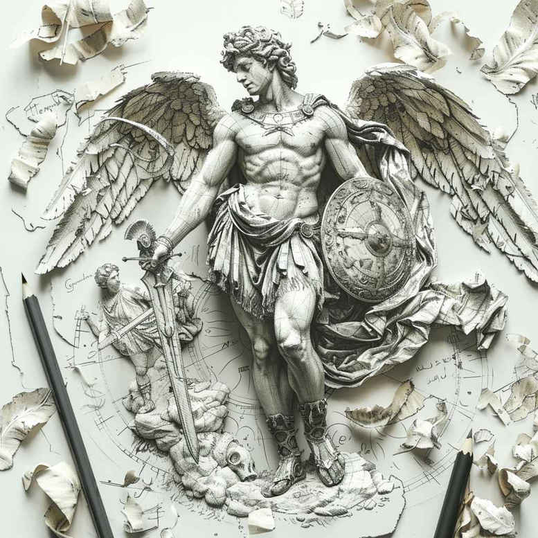 Angel statue with wings and shield in black and grey, AI-generated tattoo project concept, ideal for a cover-up.