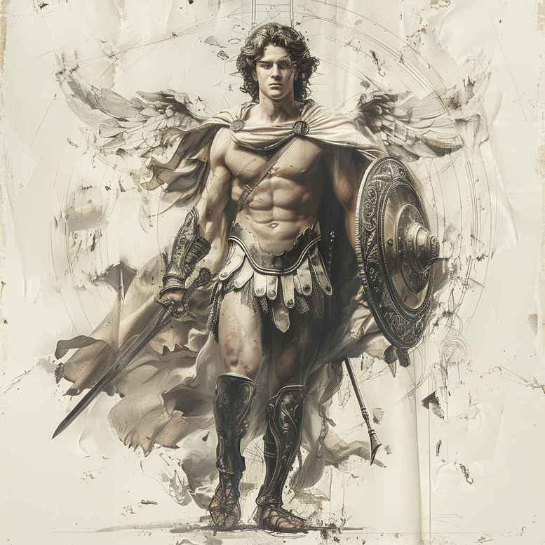 Warrior with cape and round shield in black and grey ink; AI-generated tattoo project concept.