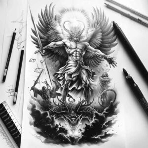 angel tattoo design ideas Realism ultra detailed divine light for scapula