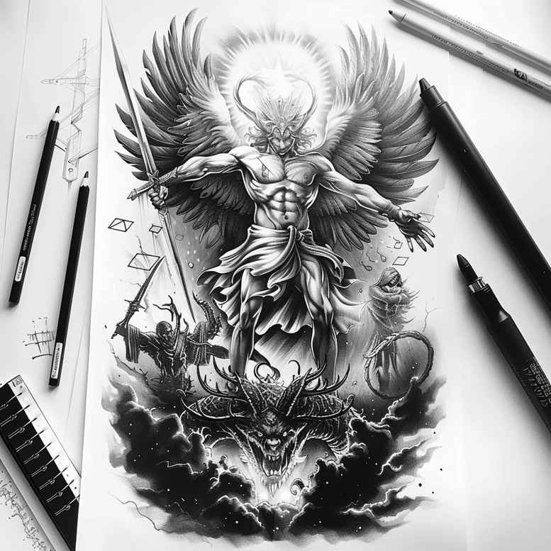 angel tattoo design ideas Realism ultra detailed divine light for scapula