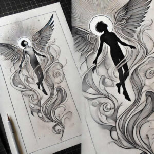 angel tattoo design ideas Neotraditional vivid color divine light for temple
