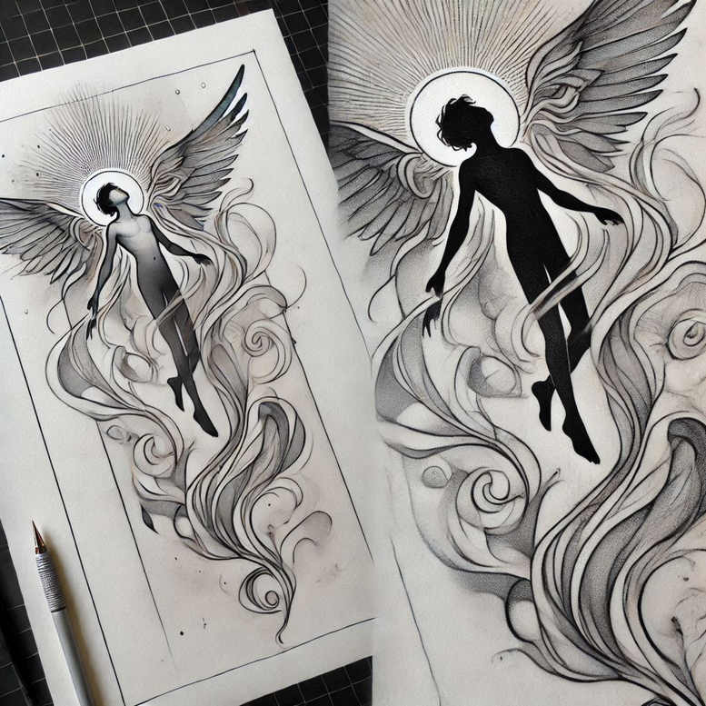 angel tattoo design ideas Neotraditional vivid color divine light for temple