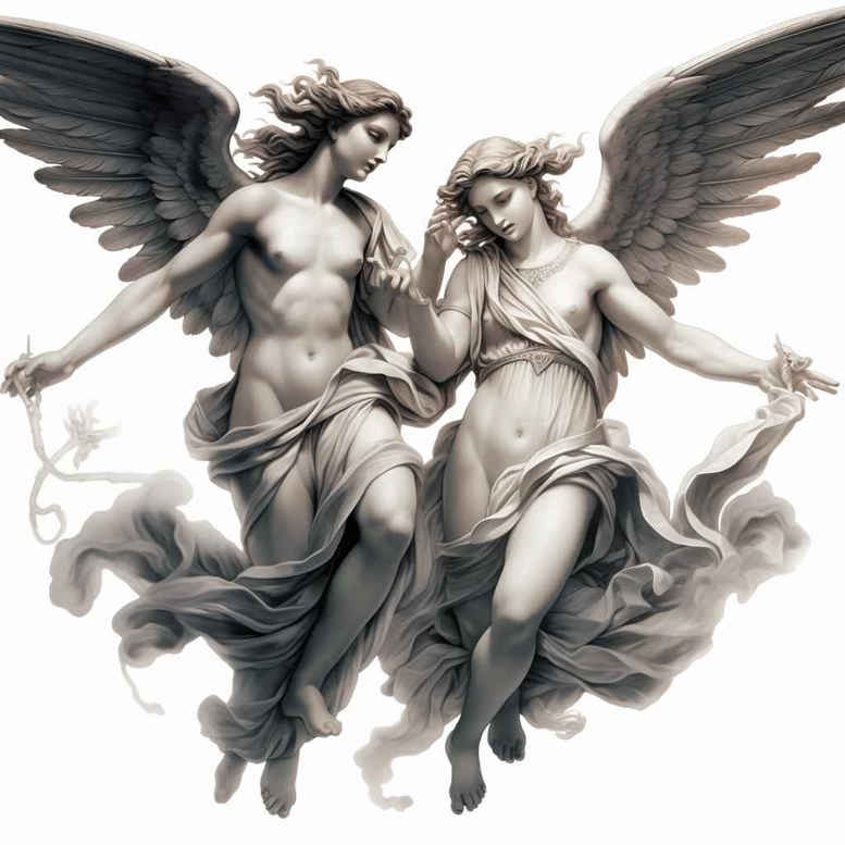 Two grayscale angels with wings and flowing drapery in black and grey; a cover-up-ready AI-generated tattoo project.