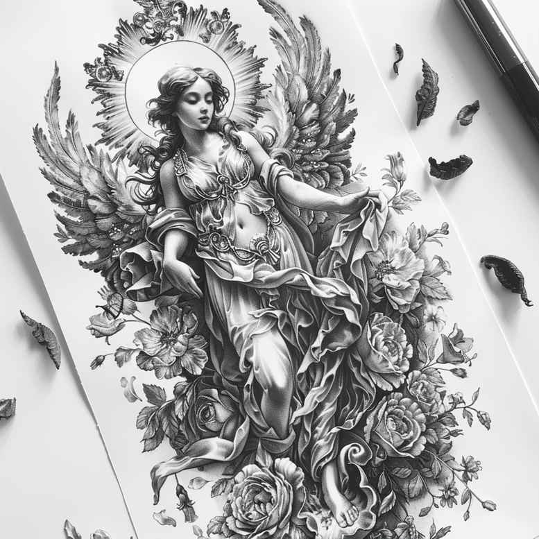 angel tattoo design ideas Surrealism shimmering forms divine protector for spine