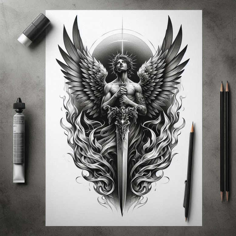 angel tattoo design ideas Realism clean background divine shield for side torso