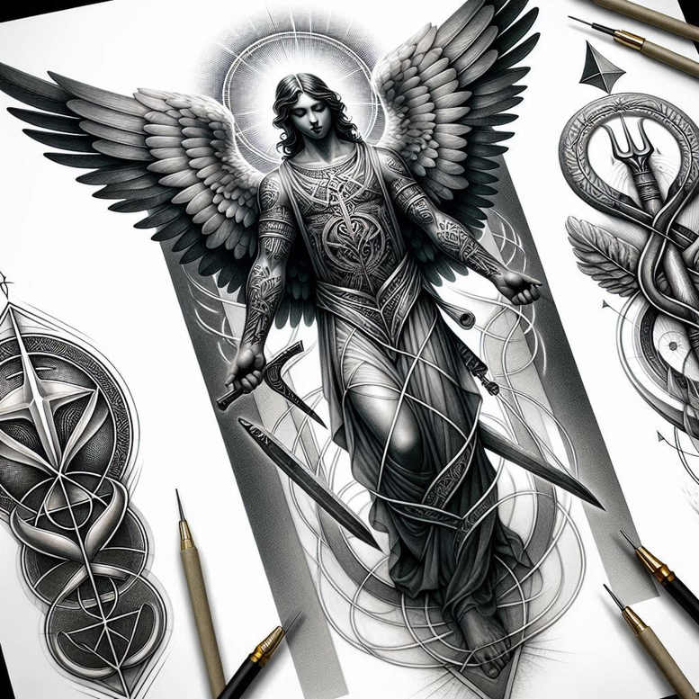 angel tattoo design ideas Realism realistic lighting divine shield for thigh