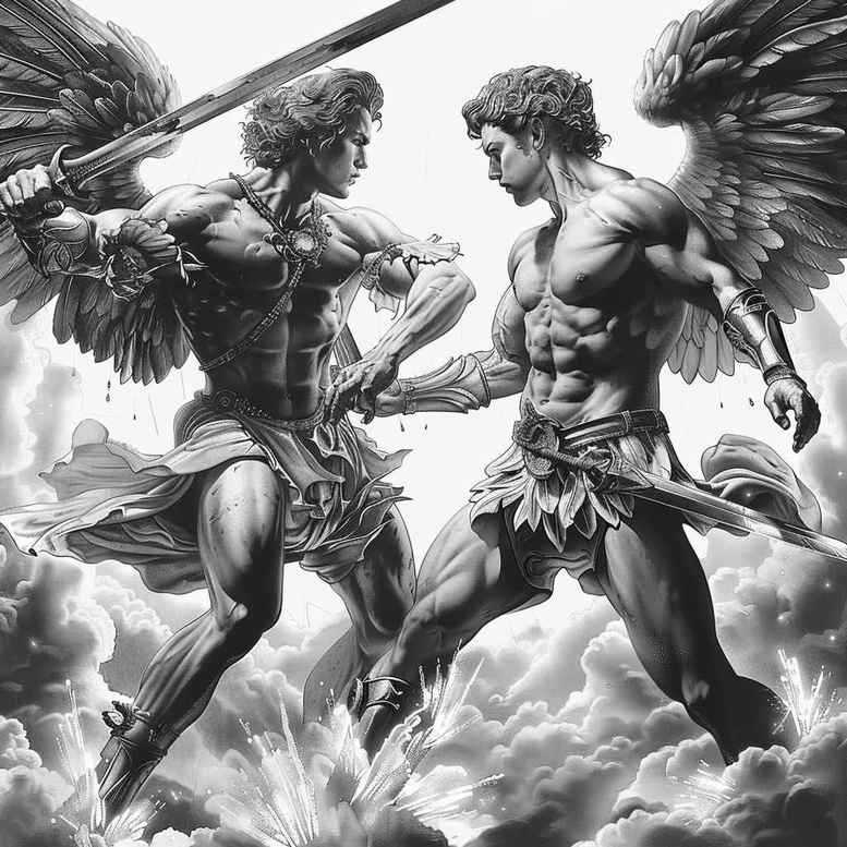 Angels, armored warrior, swords, wings, and clouds in black and grey; cover-up tattoo design concept, AI-generated project.