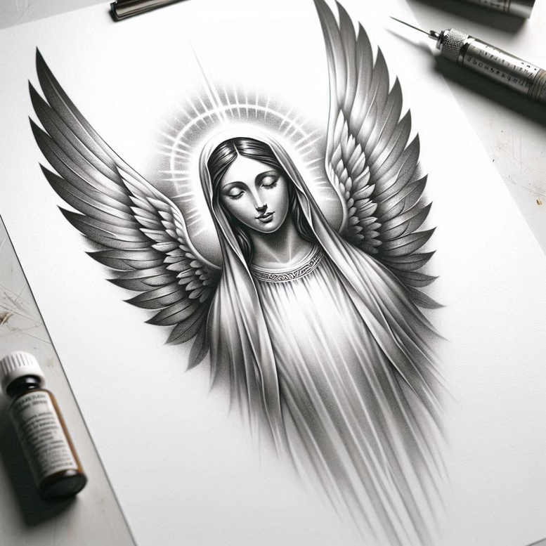 angel tattoo design ideas Neotraditional vivid color ethereal grace for neck