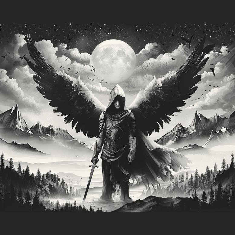 Angel with large black and grey wings, sword raised, moon overhead over snowy mountains and clouds; cover-up tattoo project.
