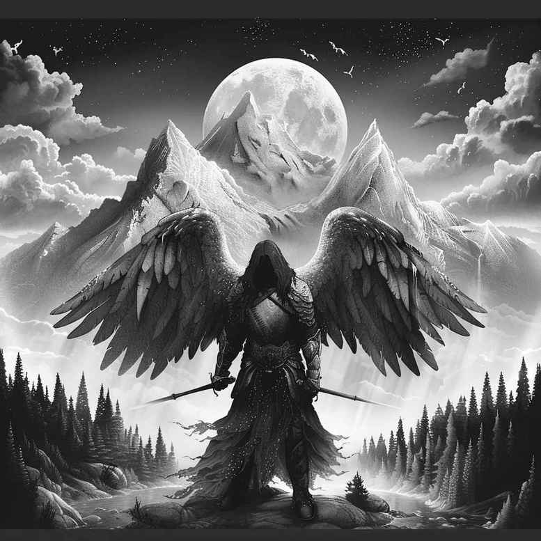 Black and grey tattoo design of a hooded angel with large wings under a full moon, set against mountains and pines; cover-up project.