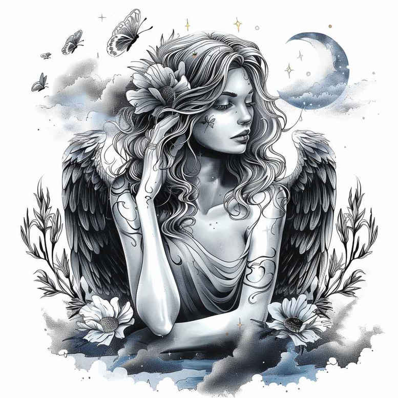 Black and grey tattoo design concept of a seated woman with feathered wings among flowers and a crescent moon with clouds; tattoo project idea; suitable for cover-up.