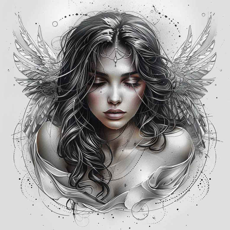 Woman portrait with wings in black and grey, ink splatters background; tattoo project concept.