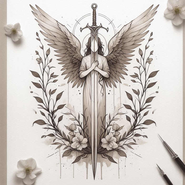 angel tattoo design ideas bold color blocks heavenly embrace for lower thigh