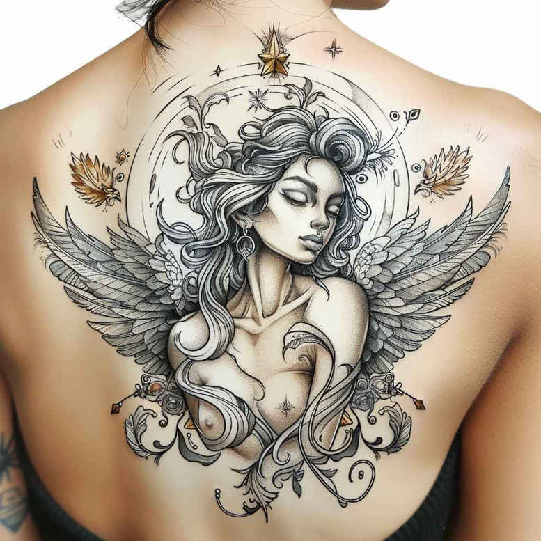 angel tattoo design ideas strong contrast heavenly shield for back