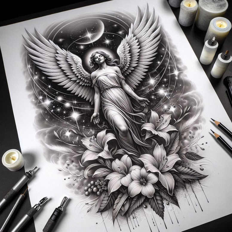 angel tattoo design ideas Surrealism translucent layers heavenly shield for chest