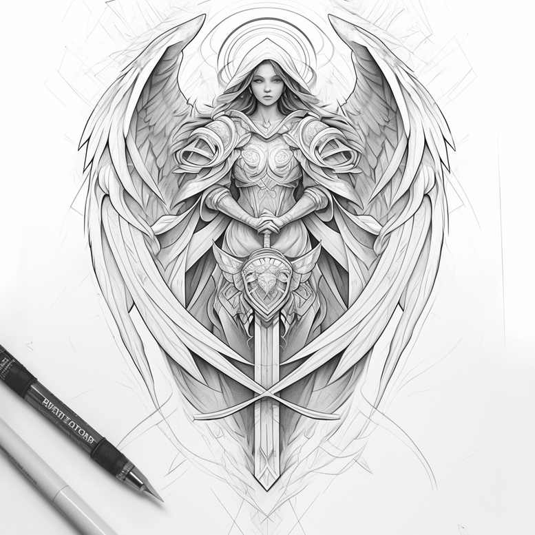 angel tattoo design ideas Surrealism subconscious themes holy aura for outer arm