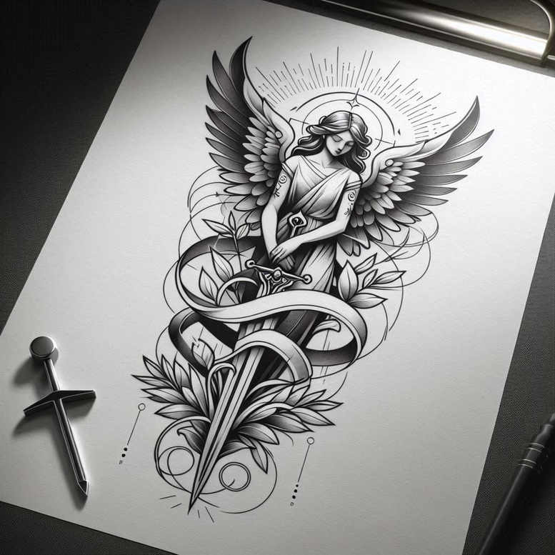 angel tattoo design ideas Realism natural contrast holy aura for shoulder