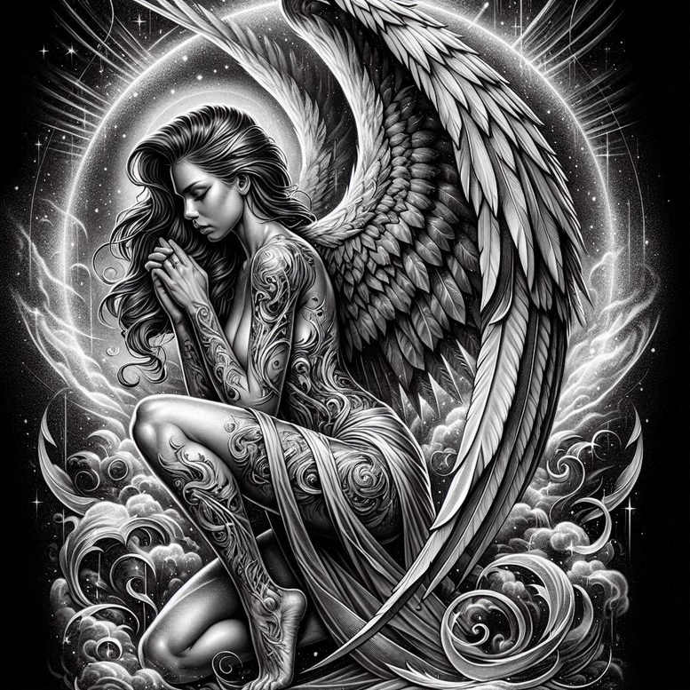 angel tattoo design ideas Realism dynamic shadows holy for back