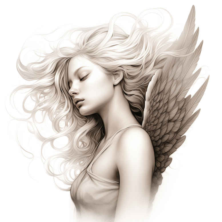 Black and grey sketch of a winged woman in profile, tattoo design concept; AI-generated project idea, suitable for a cover-up consideration.