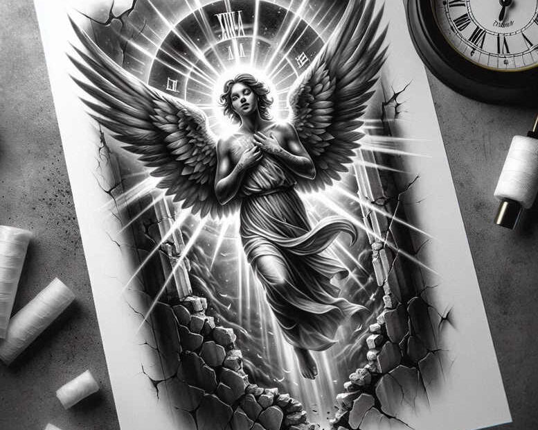 Angel, robe, wings, clock, cracked wall, stones; black and grey; AI-generated tattoo project; cover-up suitable.