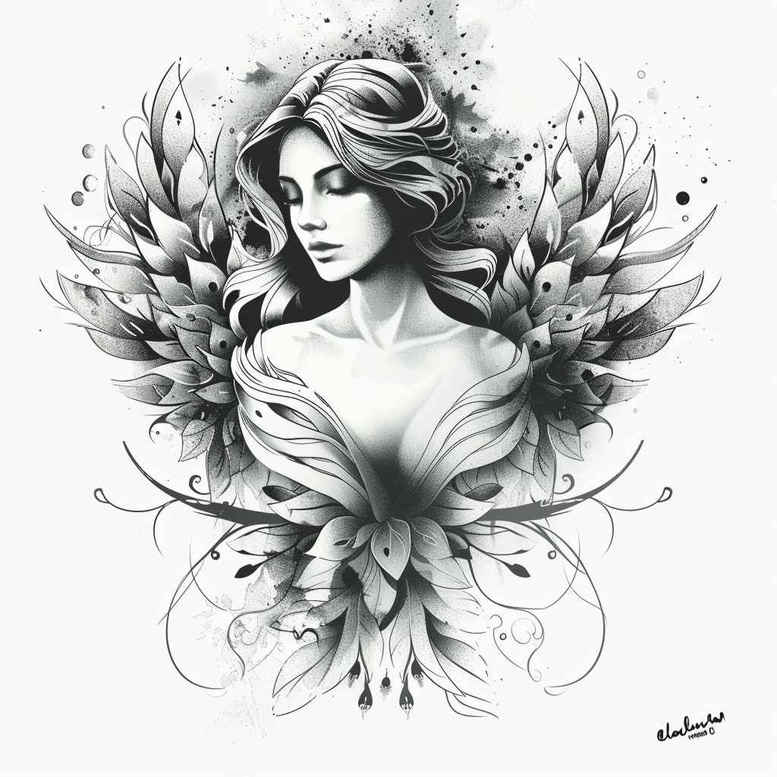 Black and grey tattoo design: woman portrait with wings and floral elements (flower, petals, leaves); cover-up ready project.