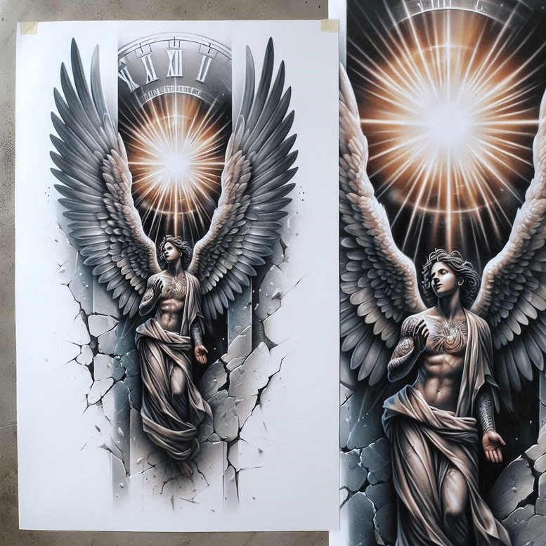 angel tattoo design ideas Surrealism fantasy-inspired luminescent for upper chest