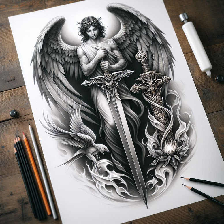 angel tattoo design ideas Surrealism mysterious radiant for biceps