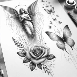 angel tattoo design ideas Realism photographic quality radiant for sternum