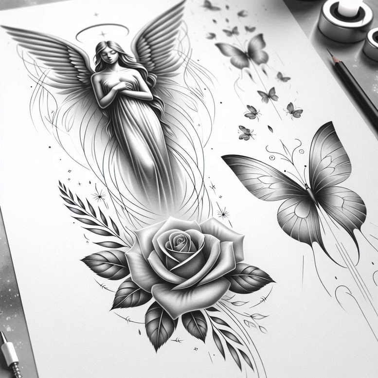 angel tattoo design ideas Realism photographic quality radiant for sternum