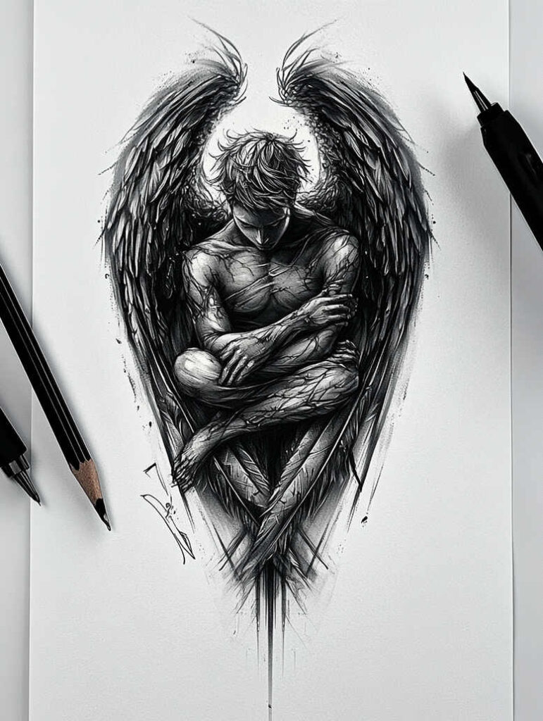 angel tattoo design ideas Surrealism symbolism radiant wings for shoulder