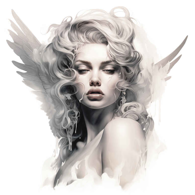 Face, woman, wings, hair, and shoulder visible in black and grey tones; tattoo project idea; suitable for a cover-up.
