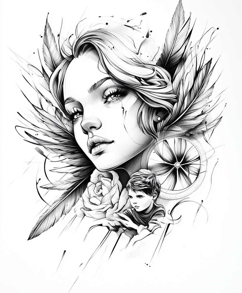 angel tattoo design ideas Surrealism fragmentation sacred for lower back