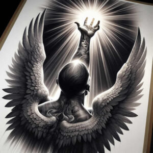 angel tattoo design ideas volume effect sacred for lower leg