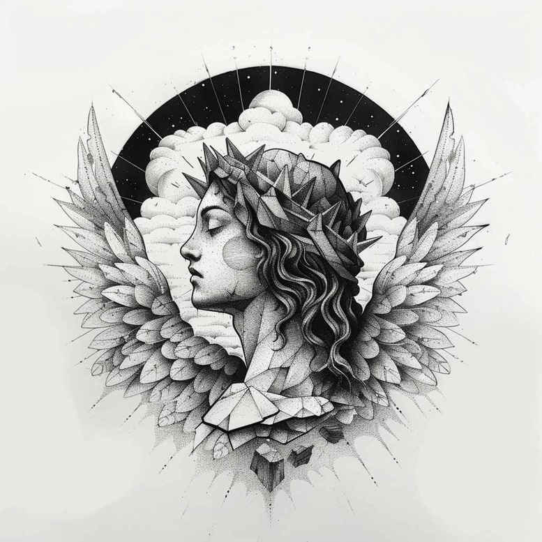 Black and grey tattoo project: woman, halo, wings, laurel in profile; cover-up suitable.