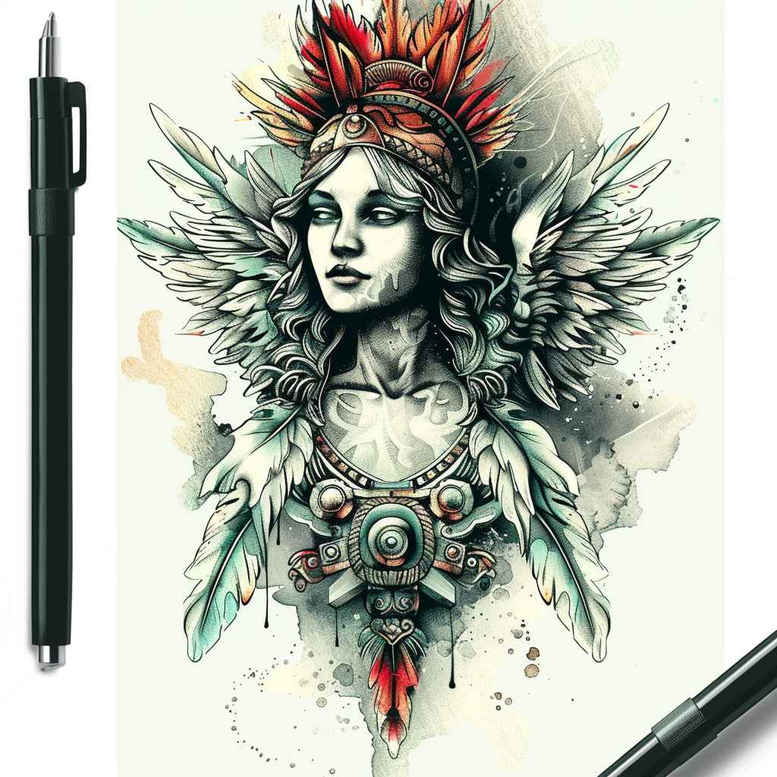 Angel, crown, necklace, wing, and medallion in black and grey watercolor style; tattoo design idea, cover-up suitable.