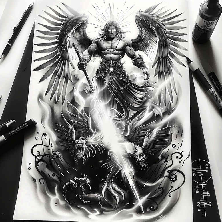 Angel with wing and sword in black and grey, cover-up-ready tattoo project, AI-generated concept.