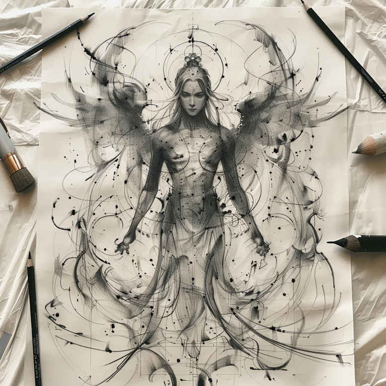 Goddess with wings in black and grey ink, circle backdrop, and ink splashes; AI-generated tattoo project, perfect for cover-up.