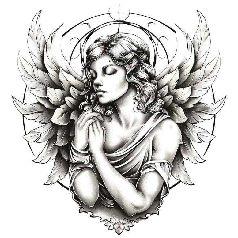 angel tattoo design ideas Neotraditional sharp edges spiritual protector for lower thigh