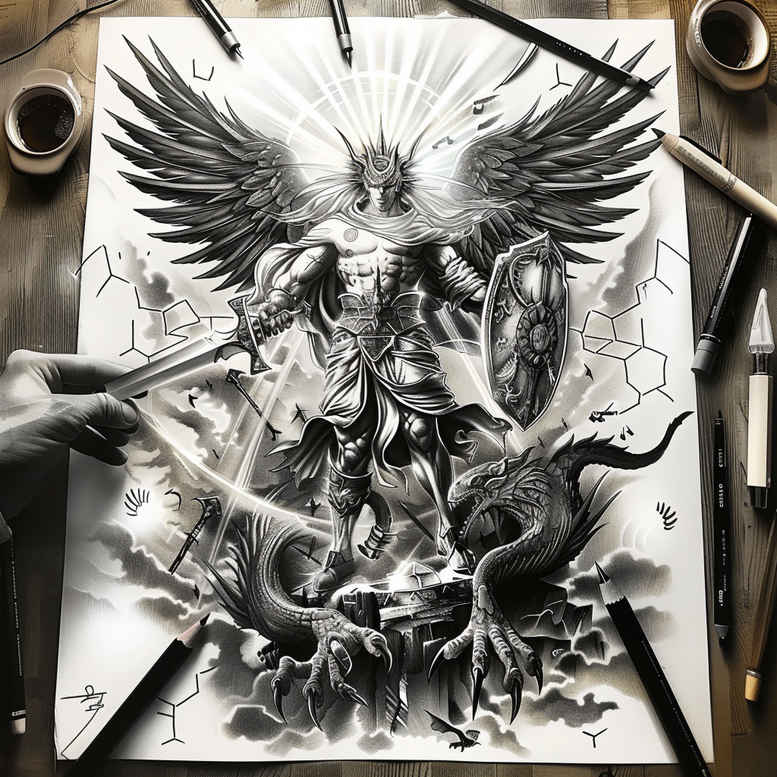 Phoenix, wings, flames, skull, shield backdrop in black and grey; a cover-up ready tattoo design concept.