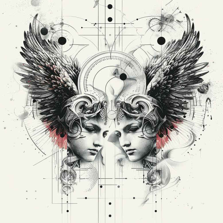 Two female faces in black and grey with wings, geometric halo, lines and dots; project concept; suitable for cover-up.