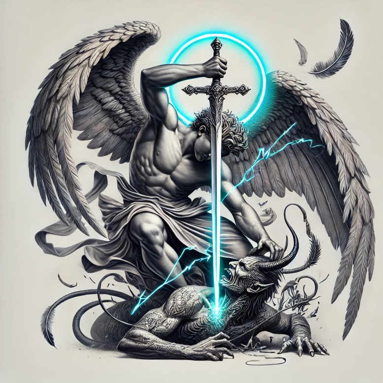 Angel with cyan-glow sword, wing, halo behind head, and crescent moon; black and grey tattoo concept, AI-generated tattoo project, suitable for a cover-up.