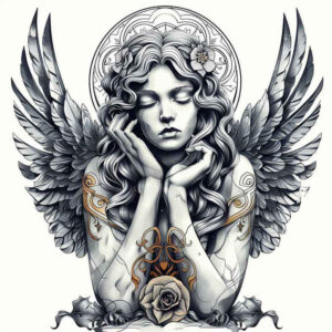angel tattoo design ideas Surrealism translucent layers transcendent for spine