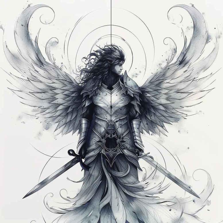 Angel figure with large wings, swords, and flowing armor in black and grey; project for cover-up.