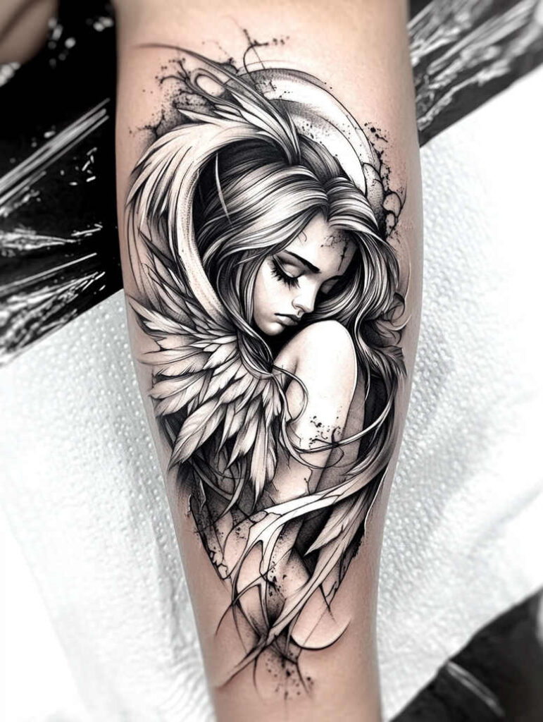 angel tattoo design ideas Neotraditional sharp edges winged for back shoulder