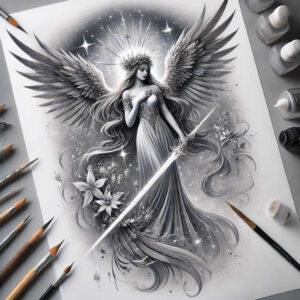 angel-tattoo-designs-ideas-ai-generated--layered-color-divine-shield-for-lower-thigh