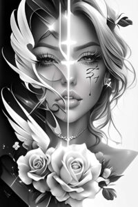 warrior-angel – tattoo design ideas free ai generated – neotraditional-expressive-color – for-upper-thigh – Gallery: angel-inkby-ai